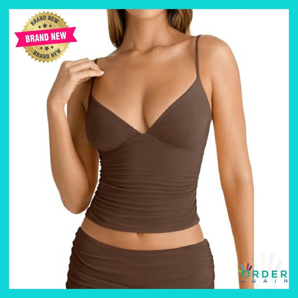 V Neck Ruched Cami Crop Top Double Layer Fitted Y2K Chic Sexy - Picture 3 of 8